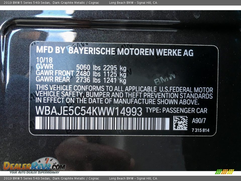 2019 BMW 5 Series 540i Sedan Dark Graphite Metallic / Cognac Photo #11