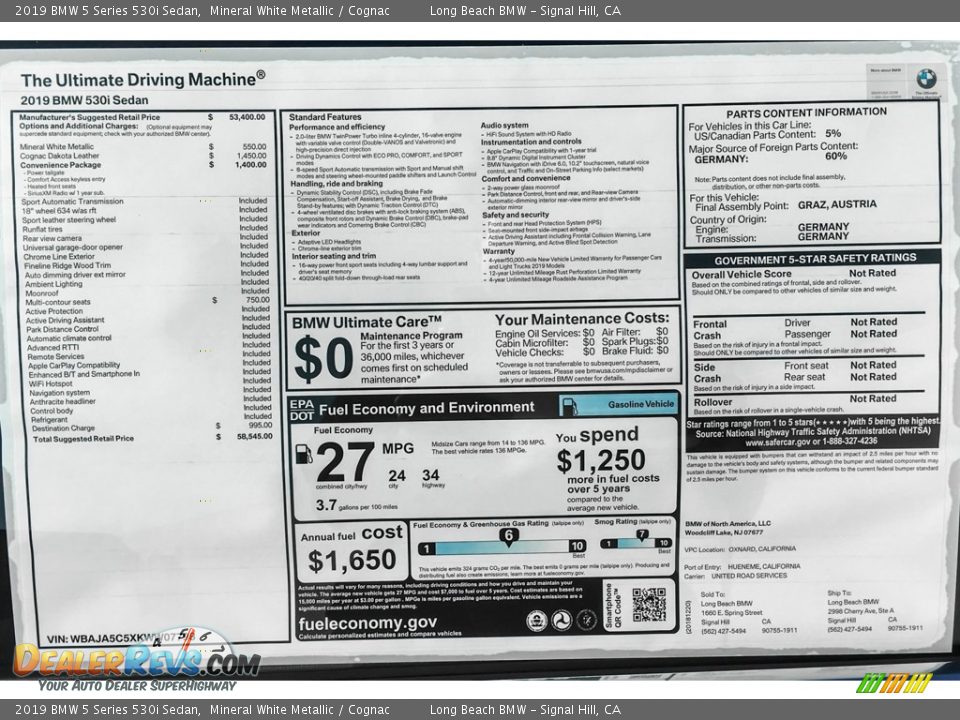 2019 BMW 5 Series 530i Sedan Mineral White Metallic / Cognac Photo #10