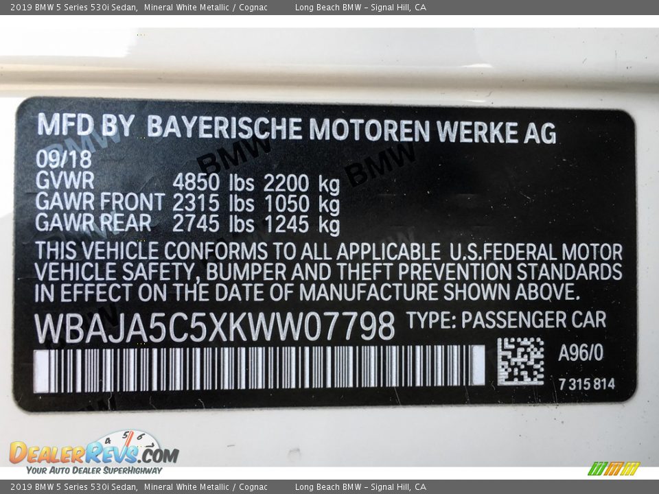 2019 BMW 5 Series 530i Sedan Mineral White Metallic / Cognac Photo #11