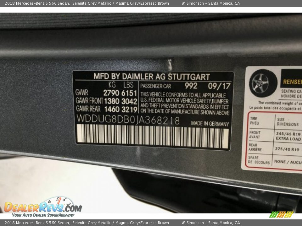 2018 Mercedes-Benz S 560 Sedan Selenite Grey Metallic / Magma Grey/Espresso Brown Photo #11