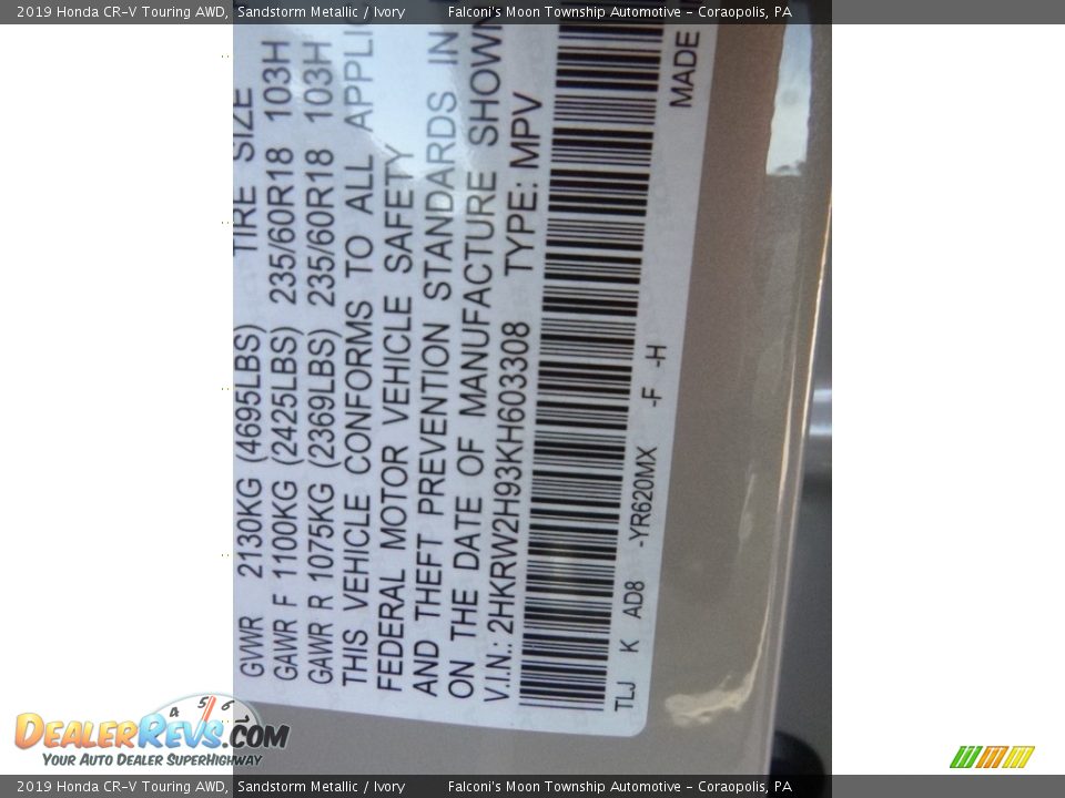 2019 Honda CR-V Touring AWD Sandstorm Metallic / Ivory Photo #11