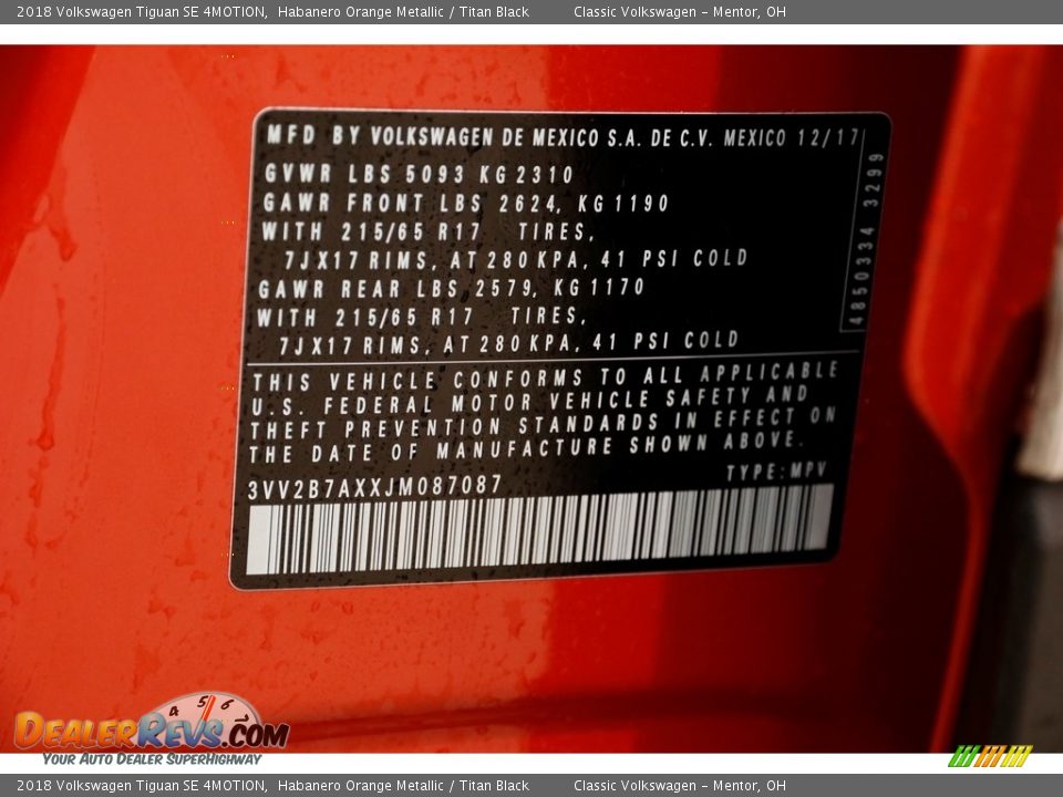2018 Volkswagen Tiguan SE 4MOTION Habanero Orange Metallic / Titan Black Photo #22