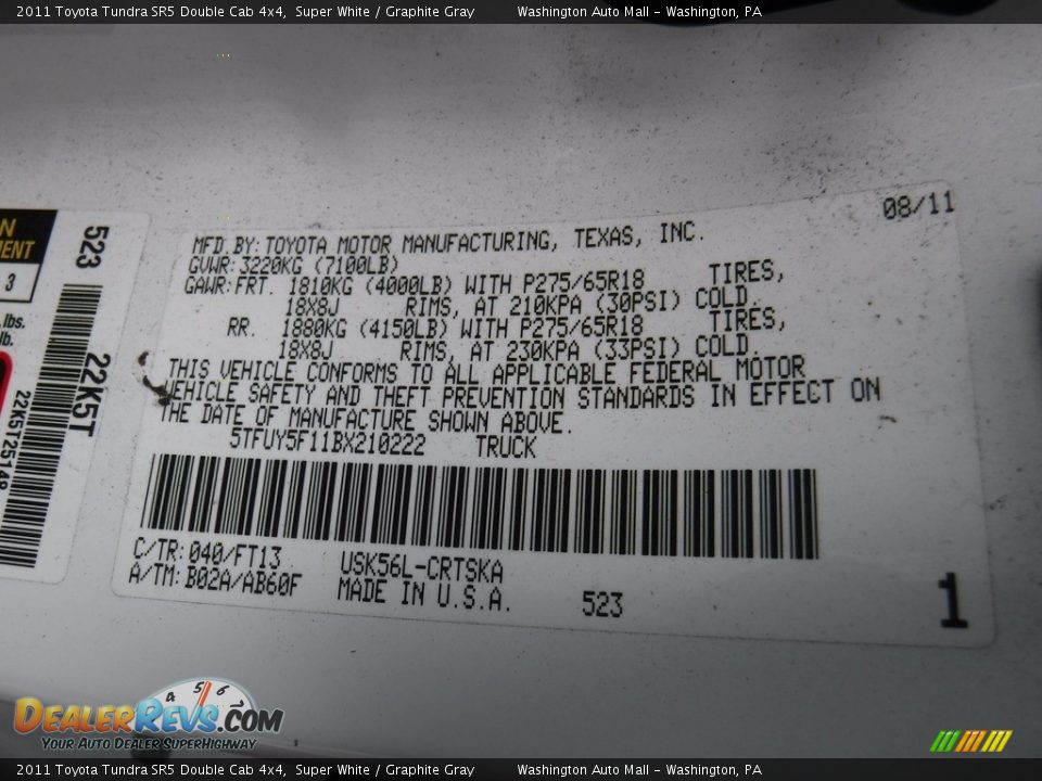 2011 Toyota Tundra SR5 Double Cab 4x4 Super White / Graphite Gray Photo #27