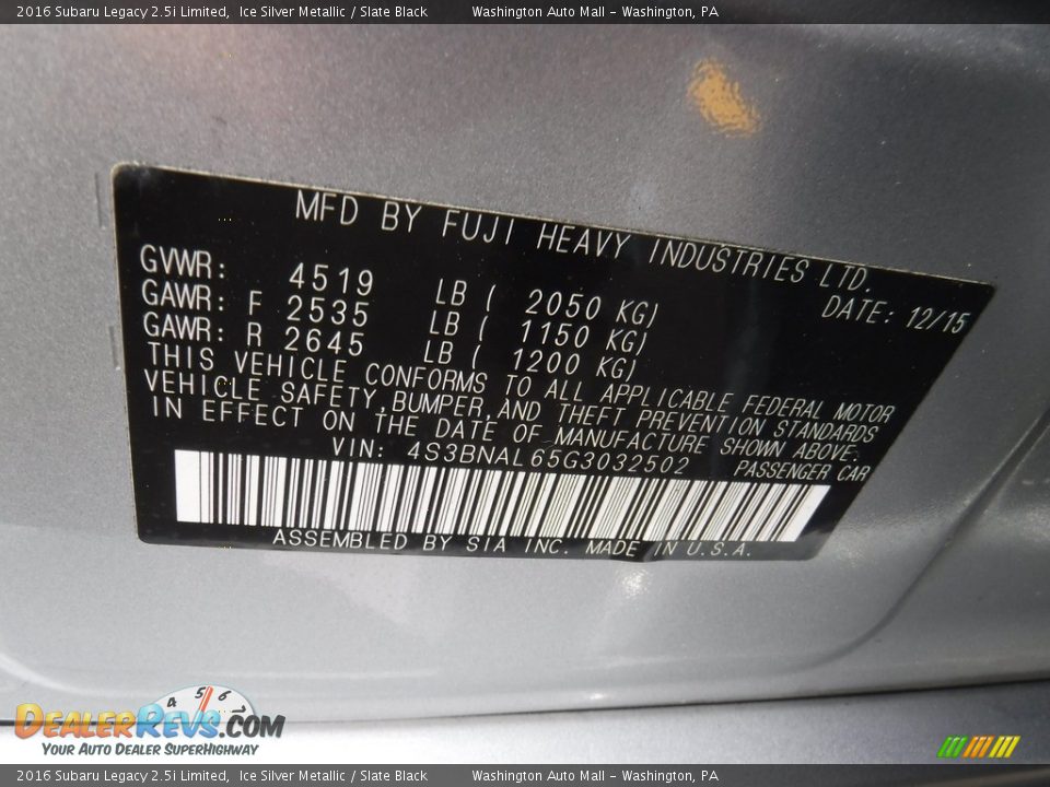 2016 Subaru Legacy 2.5i Limited Ice Silver Metallic / Slate Black Photo #30
