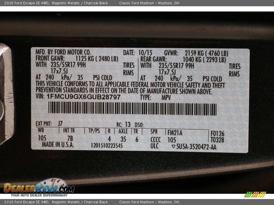 2016 Ford Escape SE 4WD Magnetic Metallic / Charcoal Black Photo #18