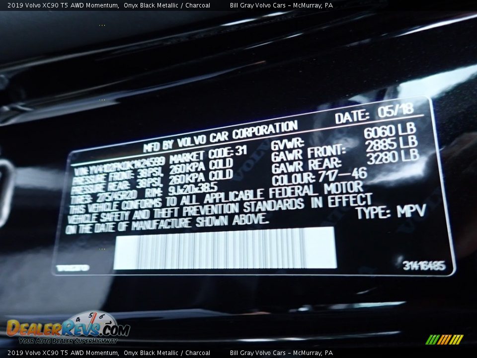 2019 Volvo XC90 T5 AWD Momentum Onyx Black Metallic / Charcoal Photo #11