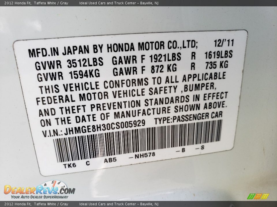 2012 Honda Fit Taffeta White / Gray Photo #20