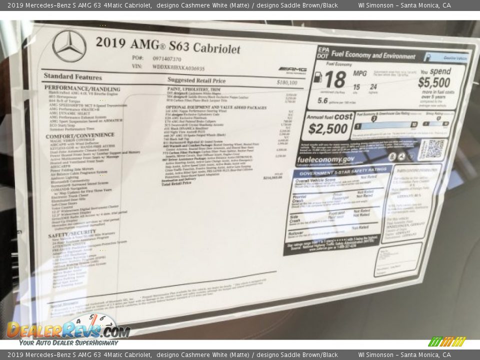 2019 Mercedes-Benz S AMG 63 4Matic Cabriolet Window Sticker Photo #21