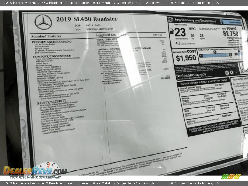 2019 Mercedes-Benz SL 450 Roadster Window Sticker Photo #10