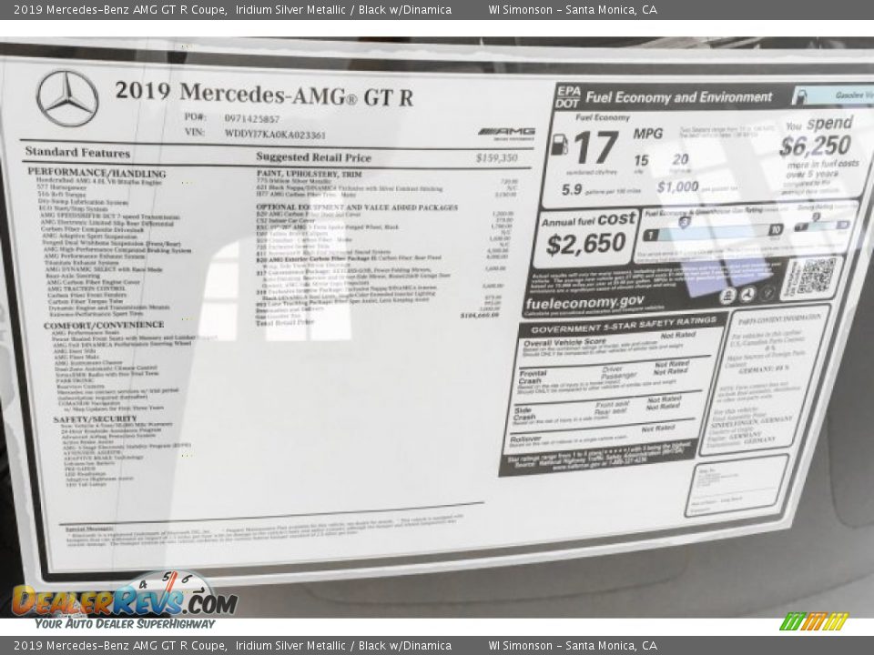 2019 Mercedes-Benz AMG GT R Coupe Window Sticker Photo #19