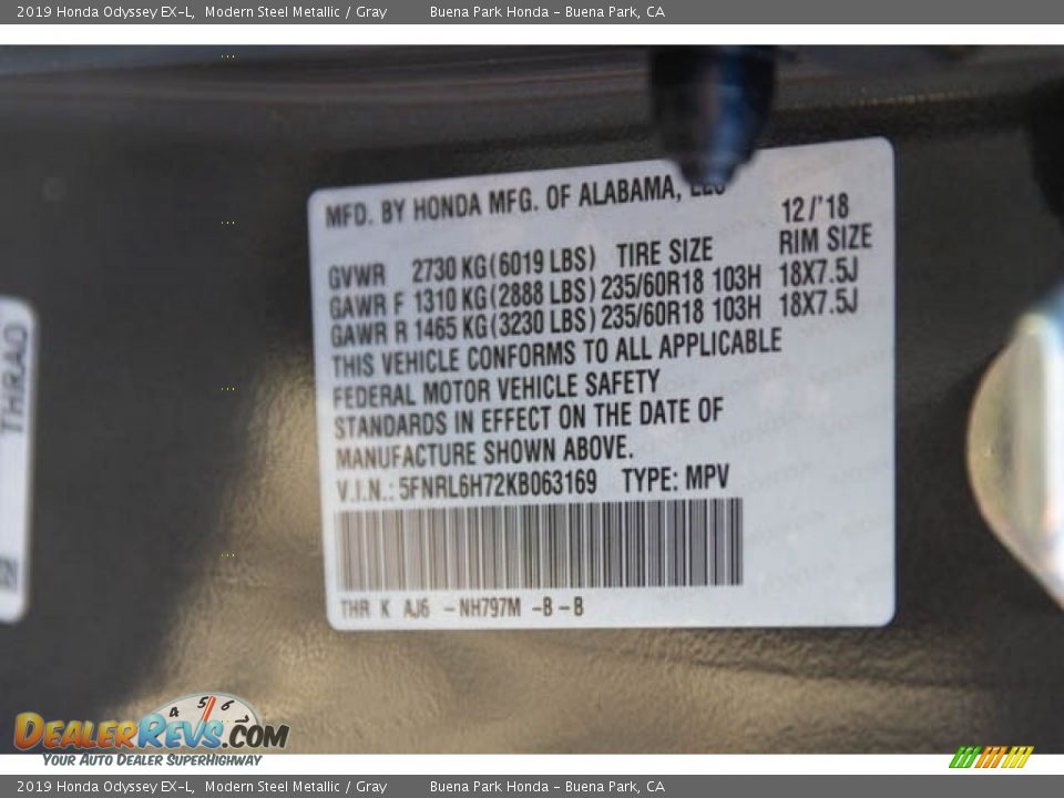 2019 Honda Odyssey EX-L Modern Steel Metallic / Gray Photo #28