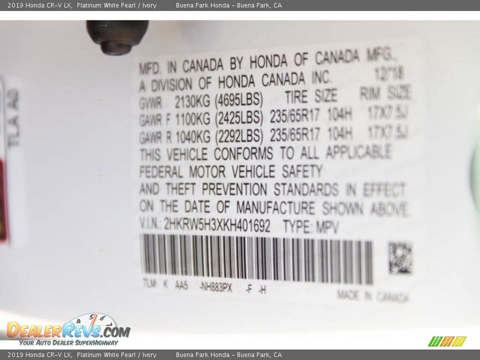 2019 Honda CR-V LX Platinum White Pearl / Ivory Photo #35