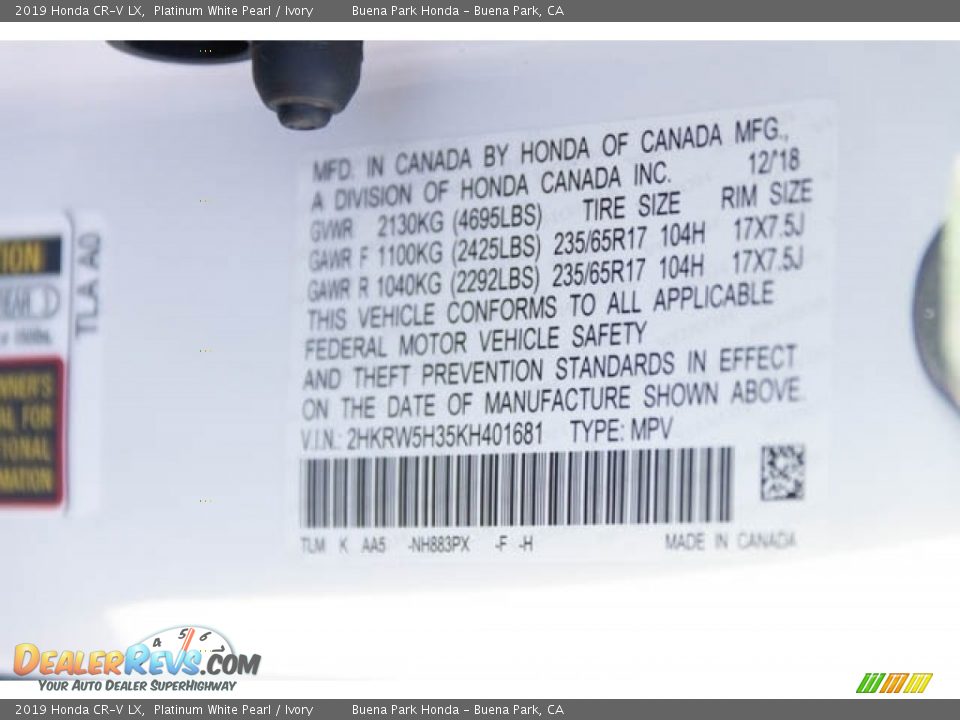 2019 Honda CR-V LX Platinum White Pearl / Ivory Photo #35