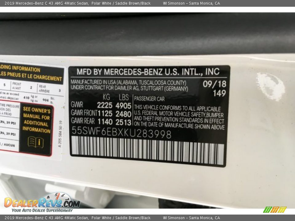 2019 Mercedes-Benz C 43 AMG 4Matic Sedan Polar White / Saddle Brown/Black Photo #11