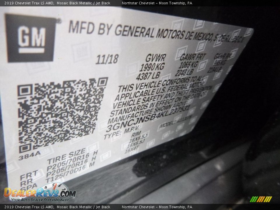 2019 Chevrolet Trax LS AWD Mosaic Black Metallic / Jet Black Photo #16