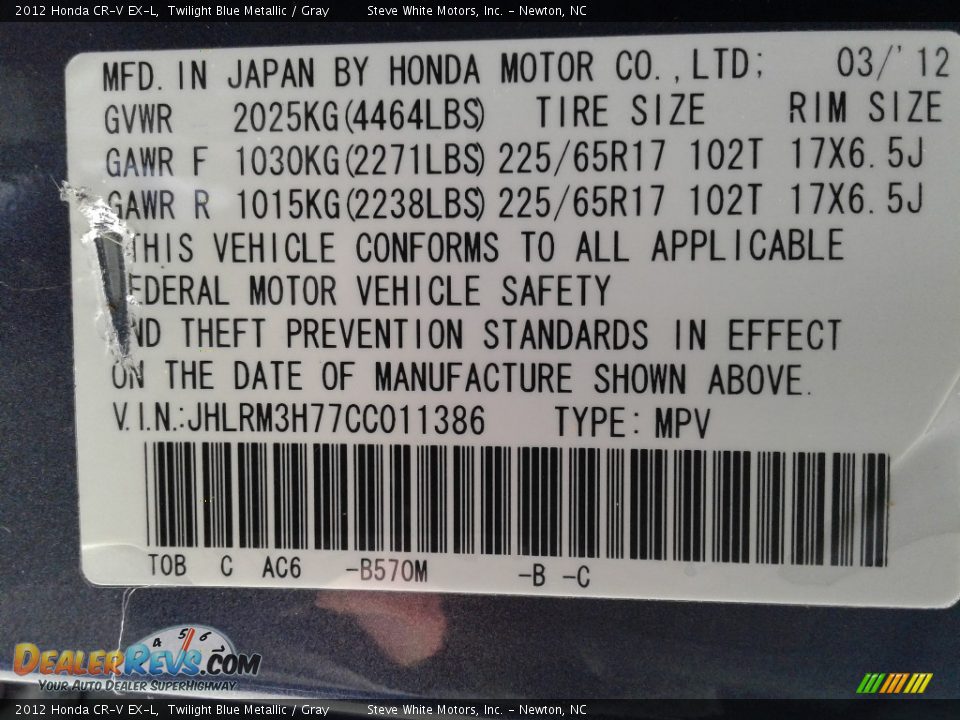 2012 Honda CR-V EX-L Twilight Blue Metallic / Gray Photo #34