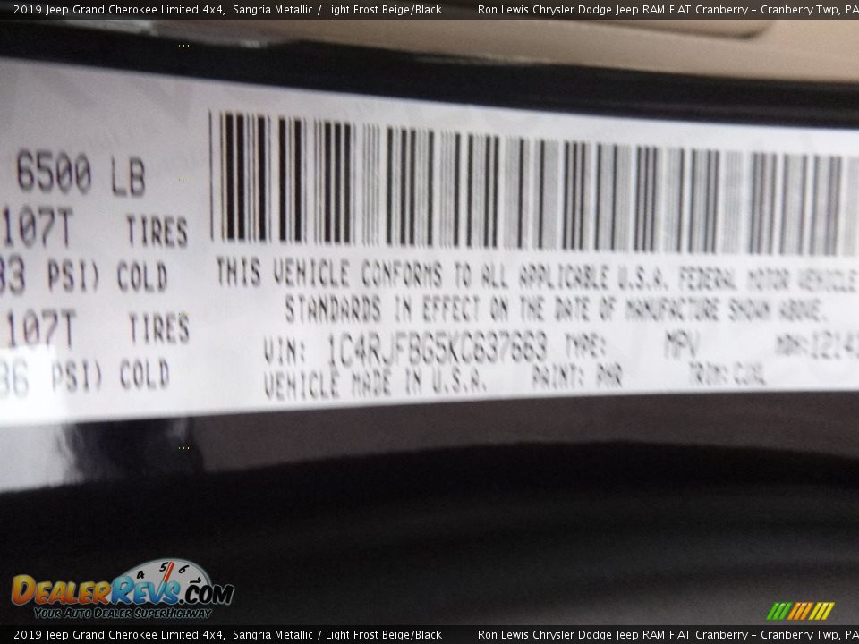 2019 Jeep Grand Cherokee Limited 4x4 Sangria Metallic / Light Frost Beige/Black Photo #14