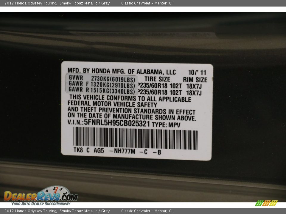 2012 Honda Odyssey Touring Smoky Topaz Metallic / Gray Photo #27