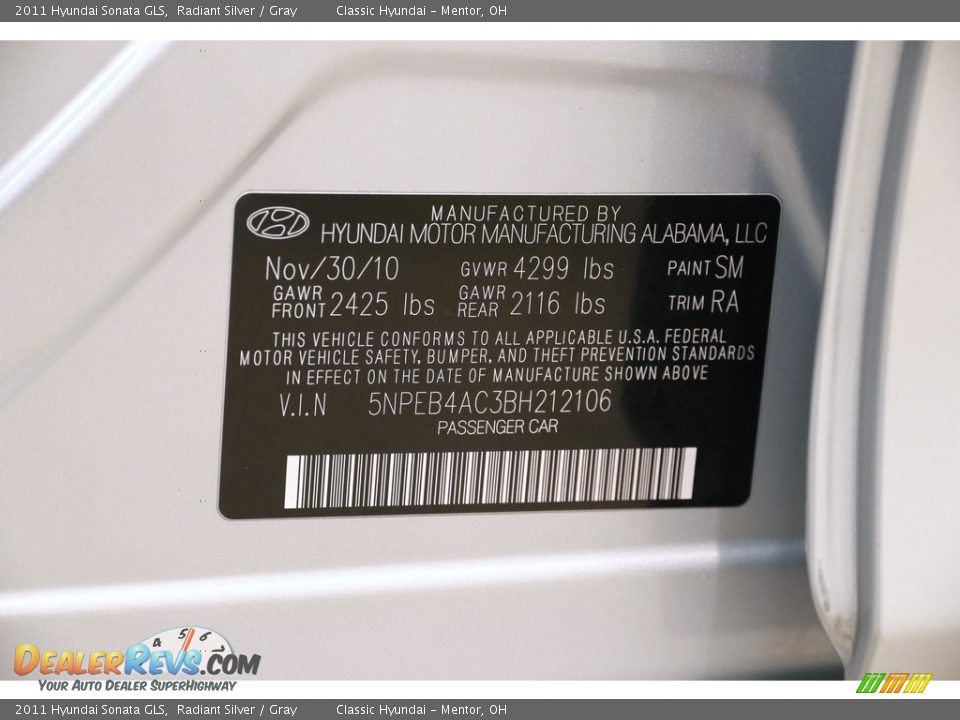 2011 Hyundai Sonata GLS Radiant Silver / Gray Photo #19