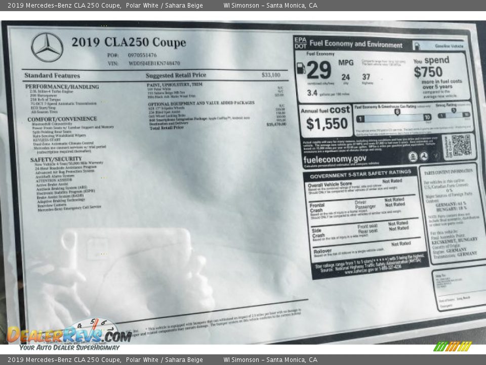 2019 Mercedes-Benz CLA 250 Coupe Polar White / Sahara Beige Photo #10