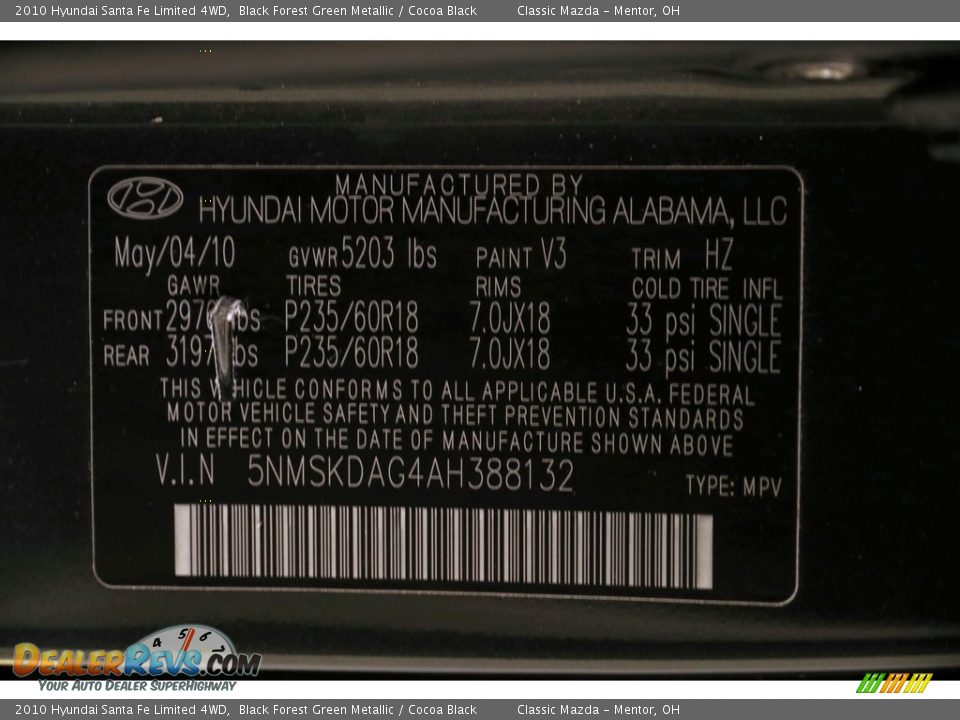 2010 Hyundai Santa Fe Limited 4WD Black Forest Green Metallic / Cocoa Black Photo #20