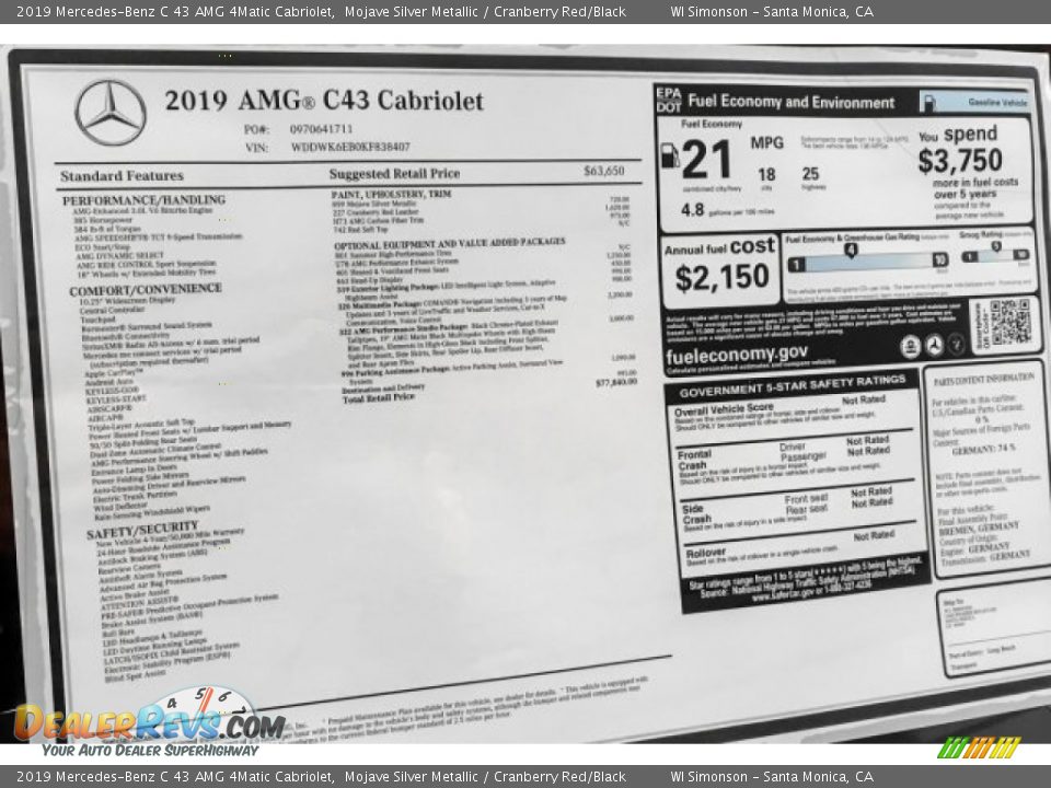 2019 Mercedes-Benz C 43 AMG 4Matic Cabriolet Window Sticker Photo #10
