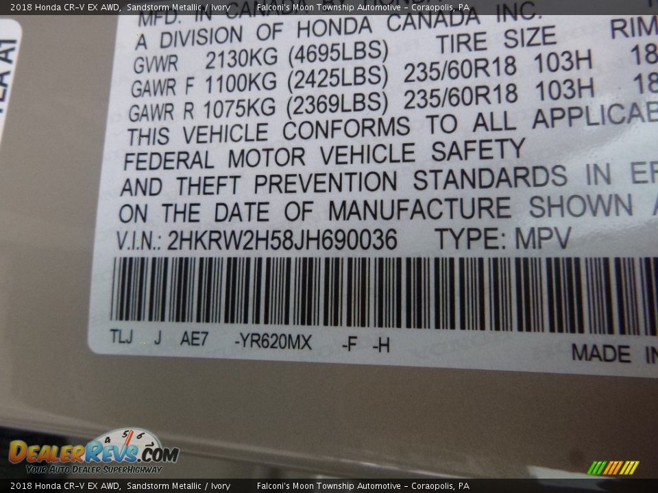 2018 Honda CR-V EX AWD Sandstorm Metallic / Ivory Photo #12