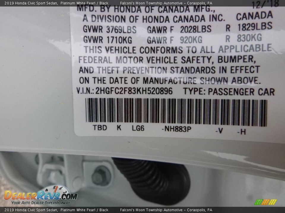 2019 Honda Civic Sport Sedan Platinum White Pearl / Black Photo #12