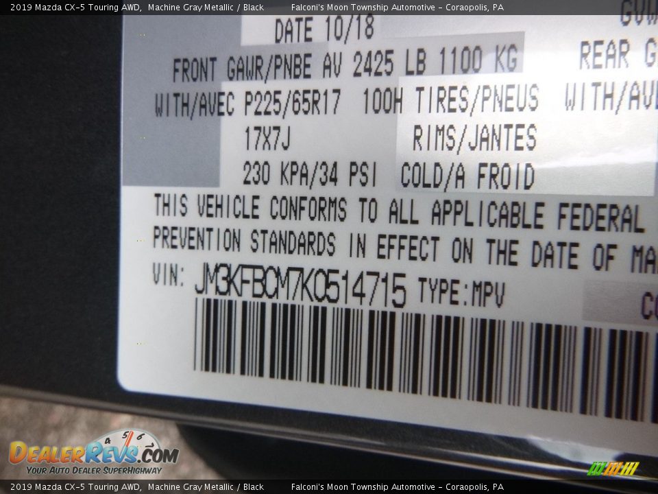 2019 Mazda CX-5 Touring AWD Machine Gray Metallic / Black Photo #12