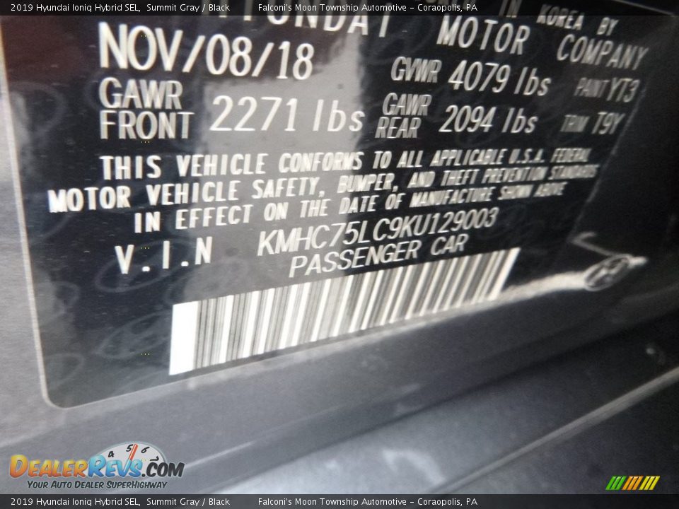 2019 Hyundai Ioniq Hybrid SEL Summit Gray / Black Photo #12