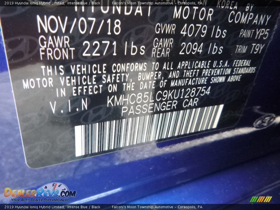 2019 Hyundai Ioniq Hybrid Limited Intense Blue / Black Photo #12