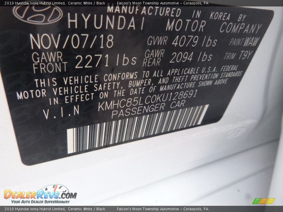 2019 Hyundai Ioniq Hybrid Limited Ceramic White / Black Photo #12