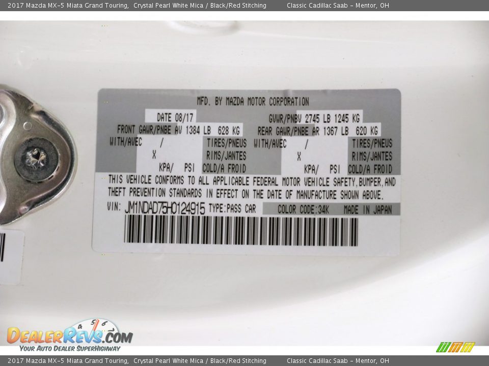 2017 Mazda MX-5 Miata Grand Touring Crystal Pearl White Mica / Black/Red Stitching Photo #31