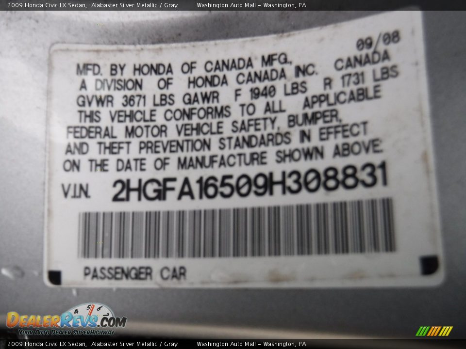 2009 Honda Civic LX Sedan Alabaster Silver Metallic / Gray Photo #20