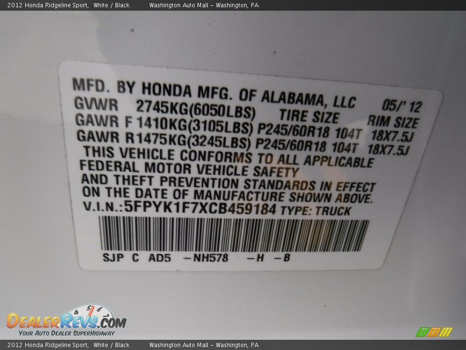 2012 Honda Ridgeline Sport White / Black Photo #26