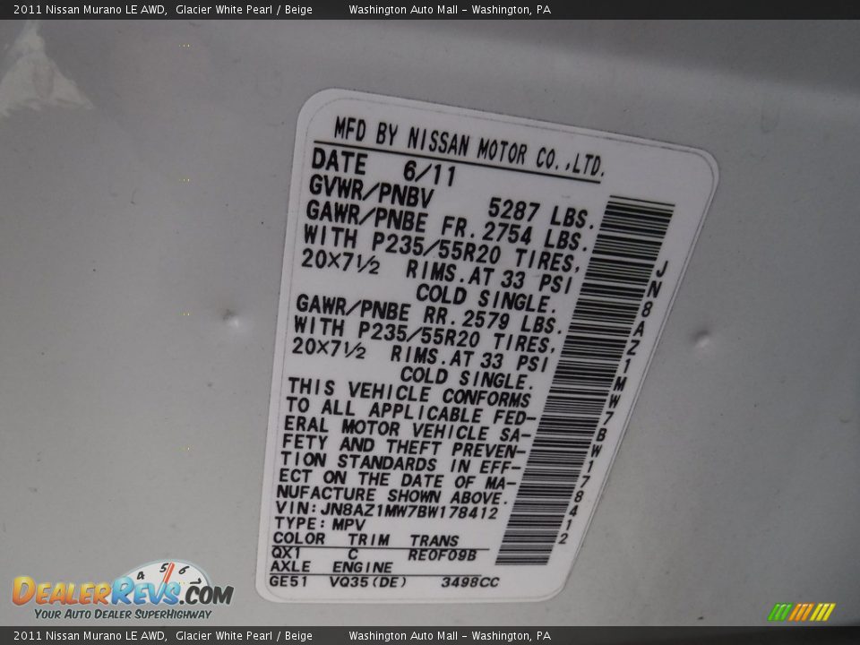 2011 Nissan Murano LE AWD Glacier White Pearl / Beige Photo #29