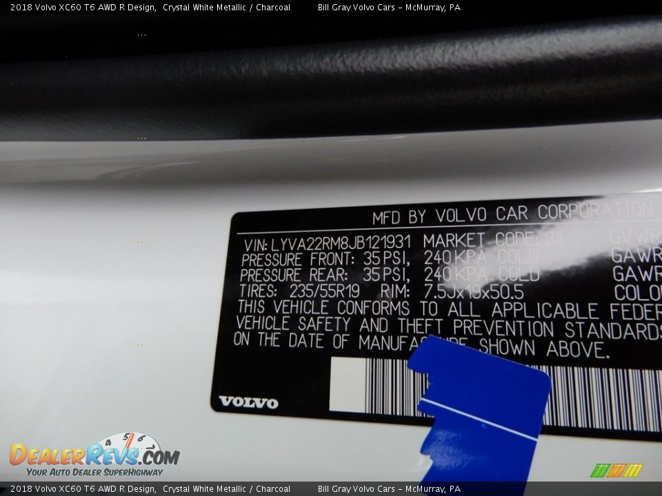 2018 Volvo XC60 T6 AWD R Design Crystal White Metallic / Charcoal Photo #11