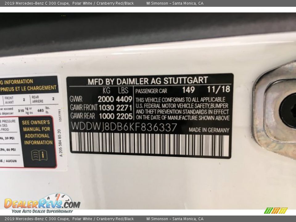 2019 Mercedes-Benz C 300 Coupe Polar White / Cranberry Red/Black Photo #11