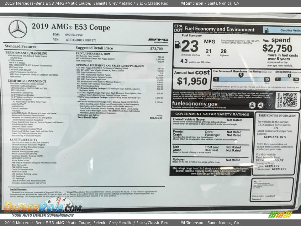 2019 Mercedes-Benz E 53 AMG 4Matic Coupe Window Sticker Photo #10