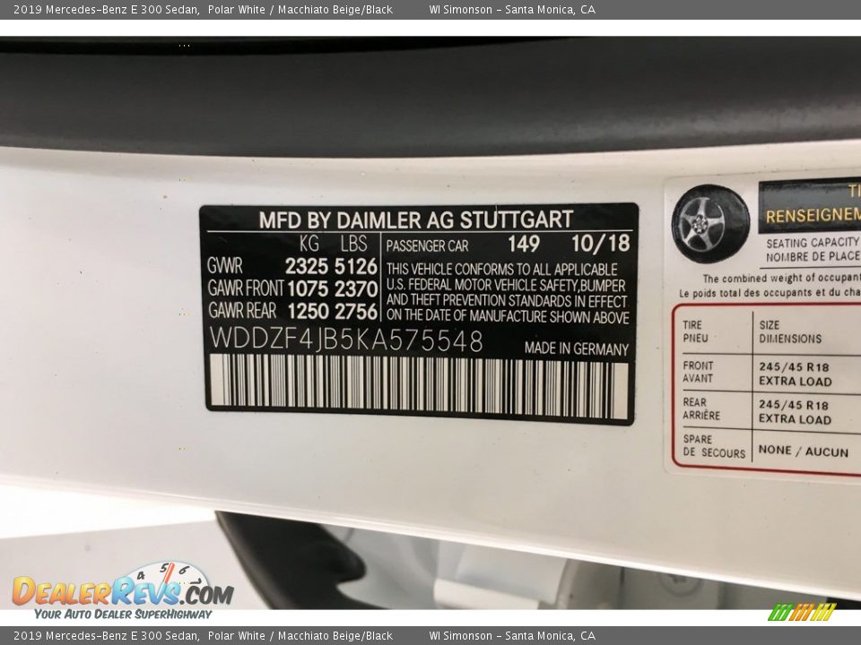 2019 Mercedes-Benz E 300 Sedan Polar White / Macchiato Beige/Black Photo #11