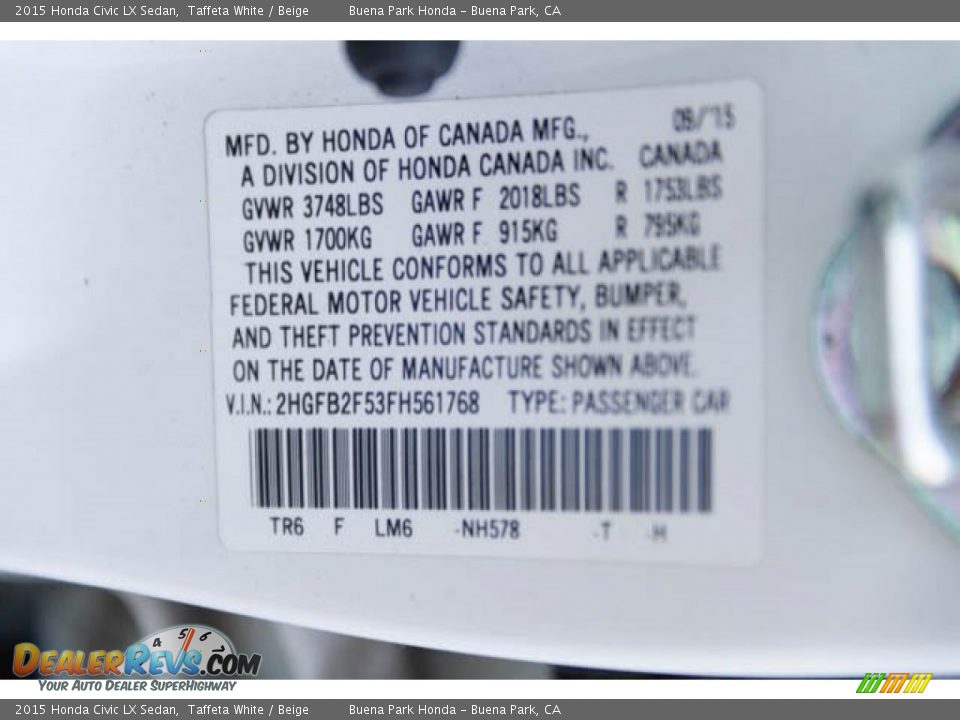 2015 Honda Civic LX Sedan Taffeta White / Beige Photo #35
