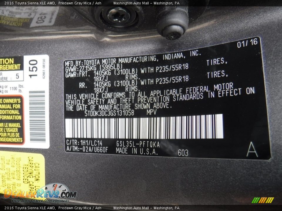 2016 Toyota Sienna XLE AWD Predawn Gray Mica / Ash Photo #29