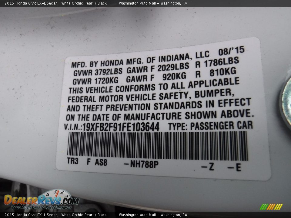 2015 Honda Civic EX-L Sedan White Orchid Pearl / Black Photo #24