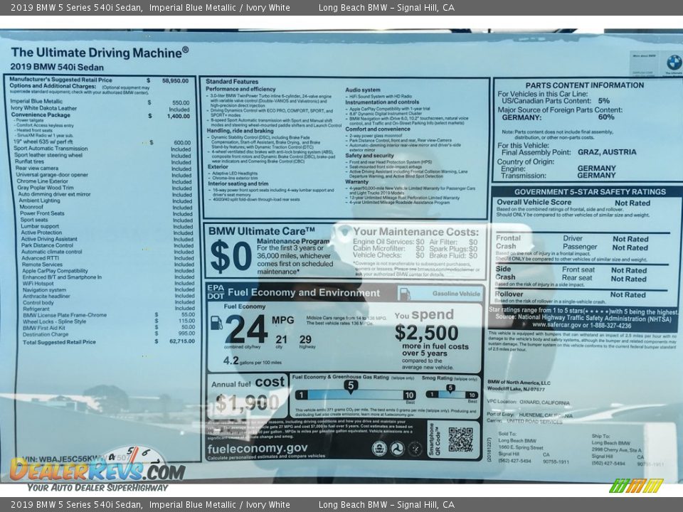 2019 BMW 5 Series 540i Sedan Imperial Blue Metallic / Ivory White Photo #10