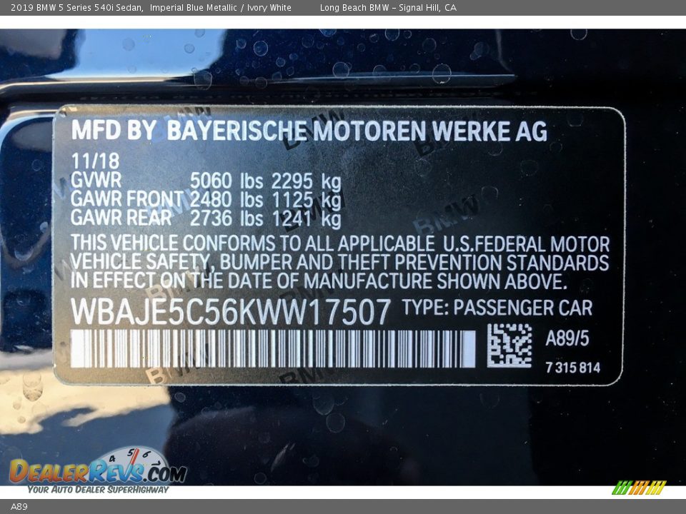 BMW Color Code A89 Imperial Blue Metallic