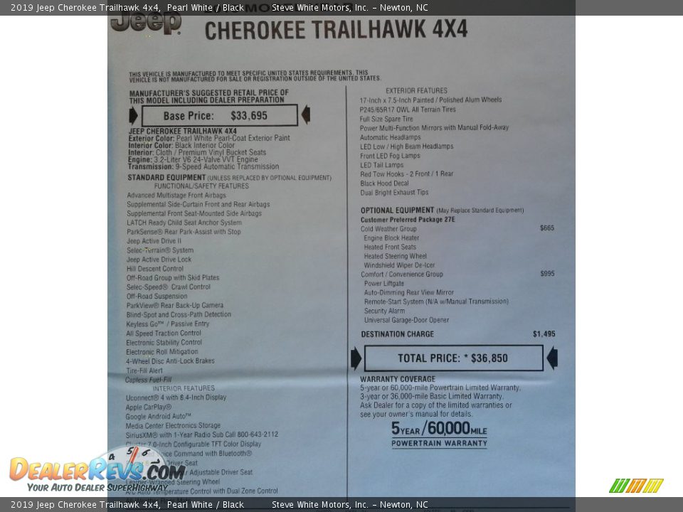 2019 Jeep Cherokee Trailhawk 4x4 Pearl White / Black Photo #34