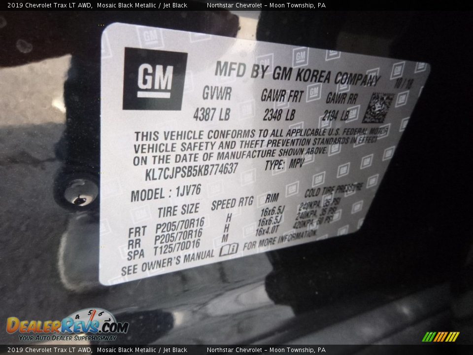 2019 Chevrolet Trax LT AWD Mosaic Black Metallic / Jet Black Photo #16