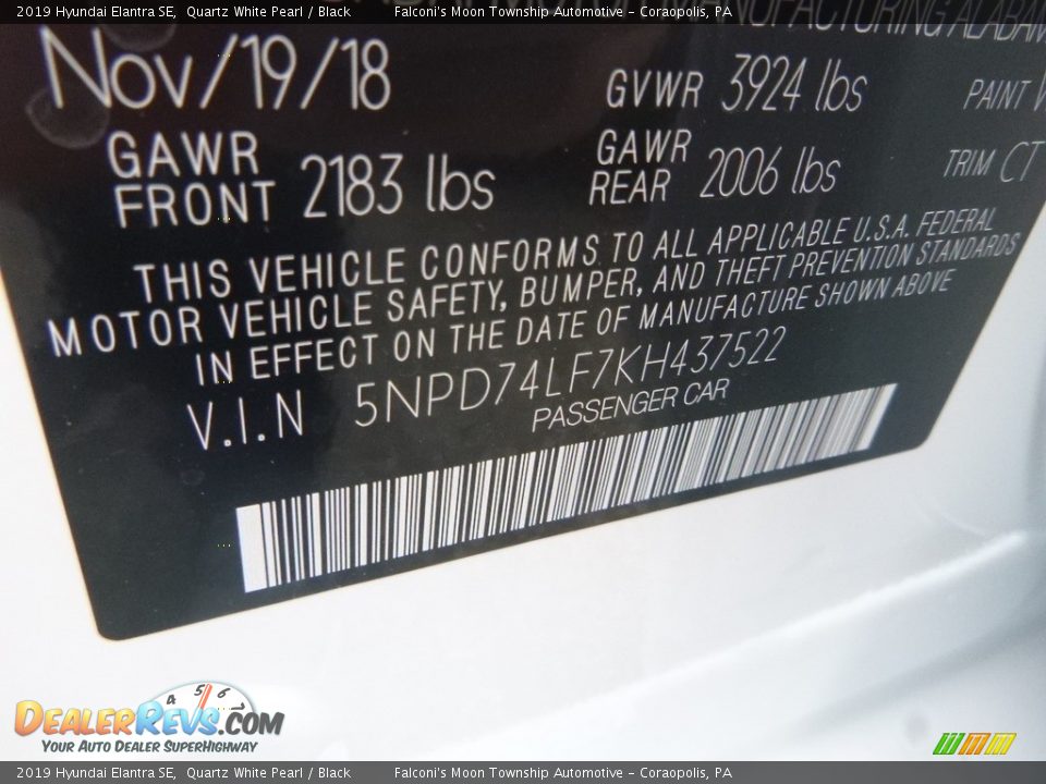 2019 Hyundai Elantra SE Quartz White Pearl / Black Photo #13