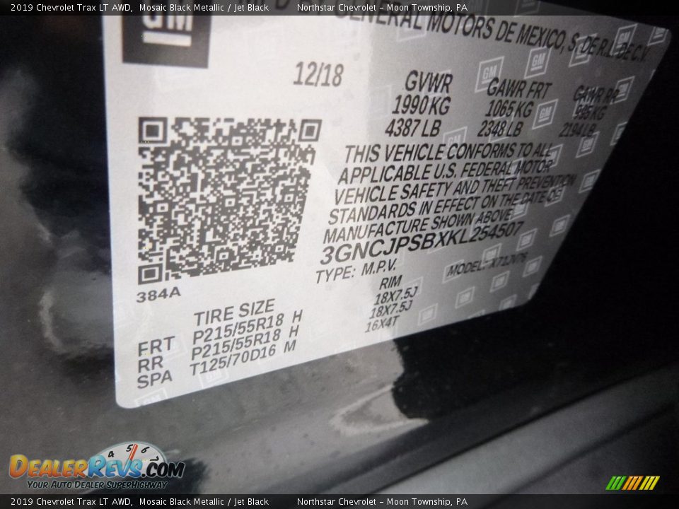 2019 Chevrolet Trax LT AWD Mosaic Black Metallic / Jet Black Photo #16