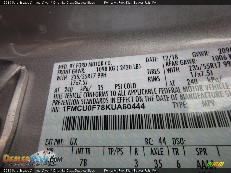 2019 Ford Escape S Ingot Silver / Chromite Gray/Charcoal Black Photo #15